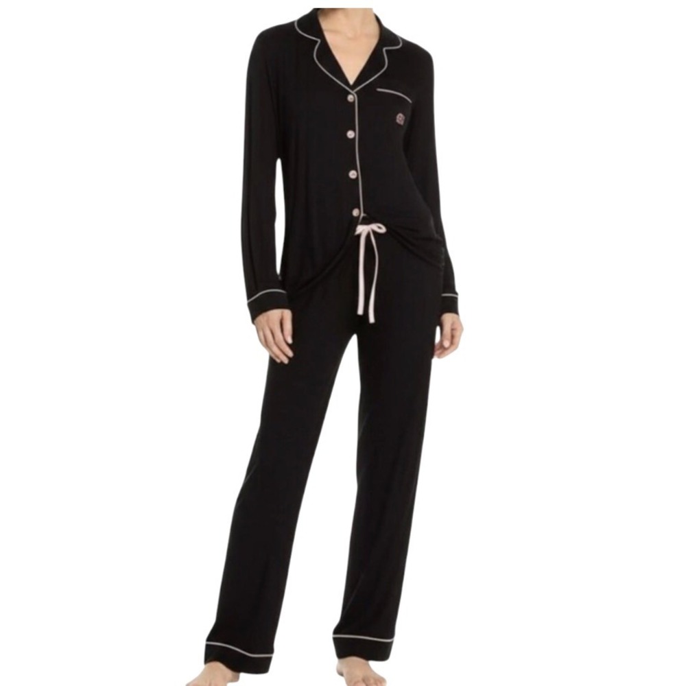 BORN PAJAMAS SET Super Soft Black Knit BUTTON-UP SHIRT & DRAWSTRING PANTS sz S